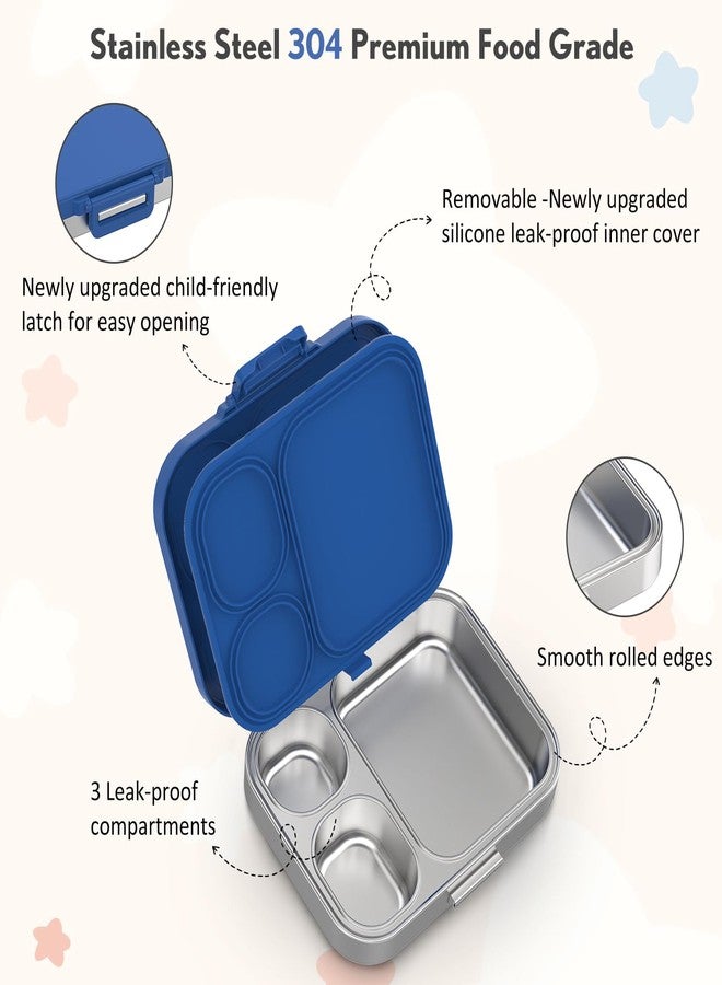 Howeemo Stainless Steel Bento Box Kids, Leak Proof Metal Bento Lunch Box,3 Compartments 304 Stainless Steel Bento Lunch Containers for School and Office, BPA-Free(Blue) - Image 2